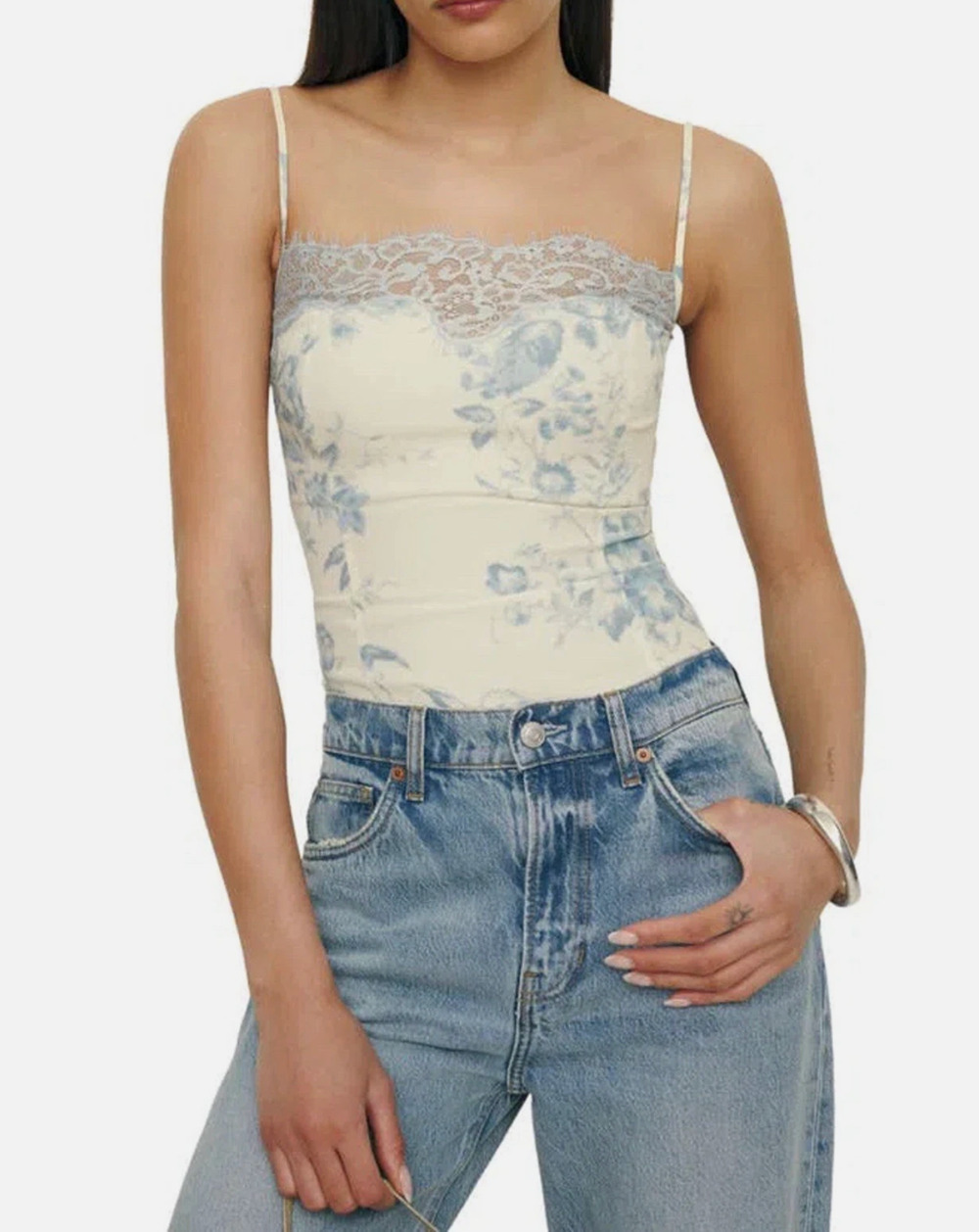 Reformation Willah Corset Floral Lace Camisole Top Tank Blue White Size 6 NEW